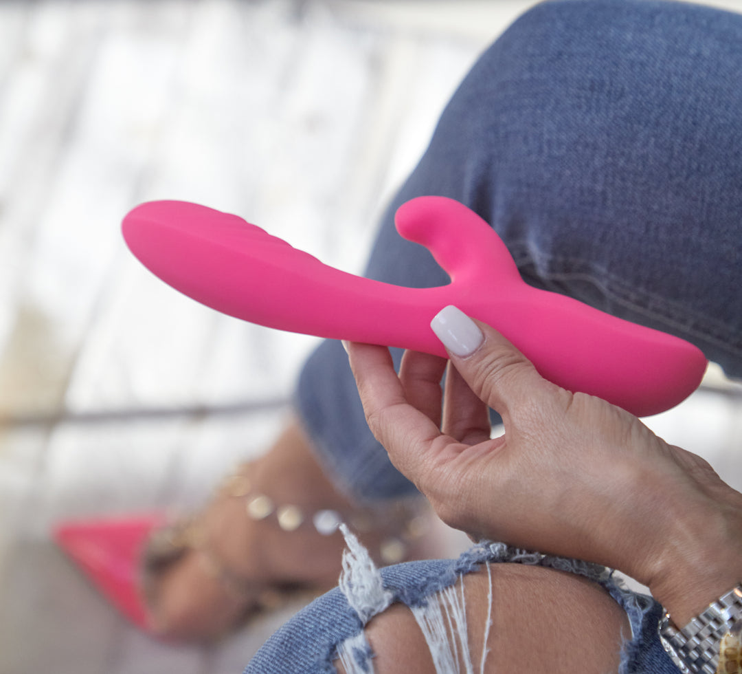 nu sensuelle dual stim sex toy rabbit with turbo boost. two powerful motors, flexible vibrator, body safe silicone sex toy vibrator for clitoral and g spot stimulation.